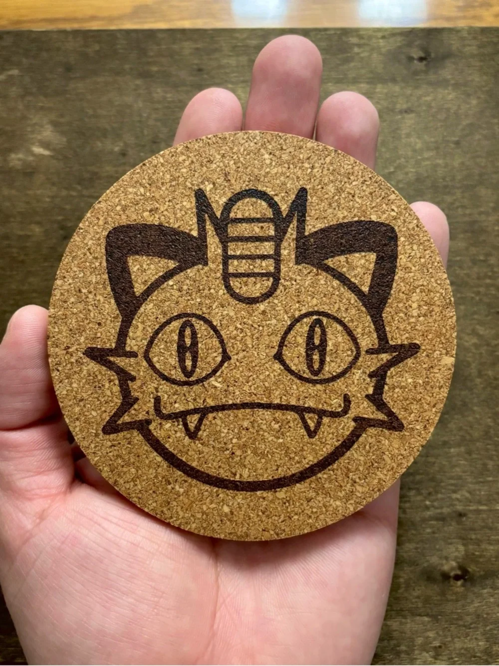 Pokemon Meowth Face Laser Engraved Cork Coaster